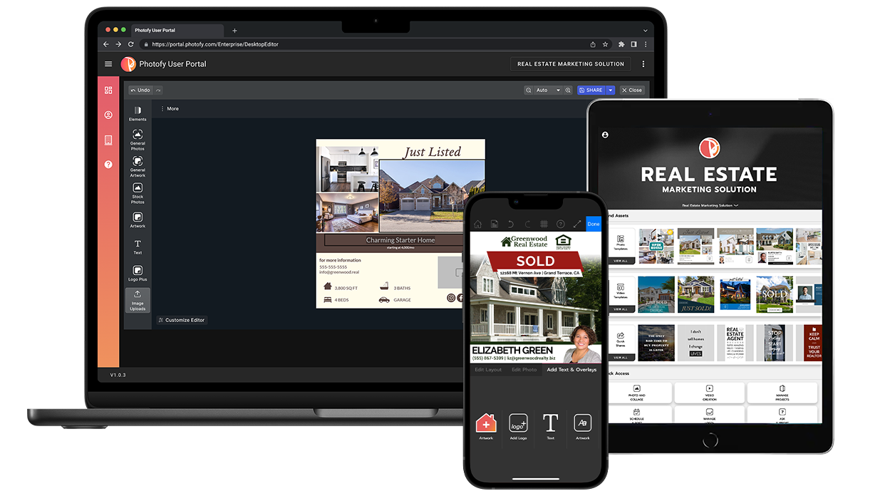 Photofy app on mobile and tablet for real estate agents, offering streamlined content creation with exclusive desktop editing access for Photofy Real Estate Marketing Solutions subscribers.